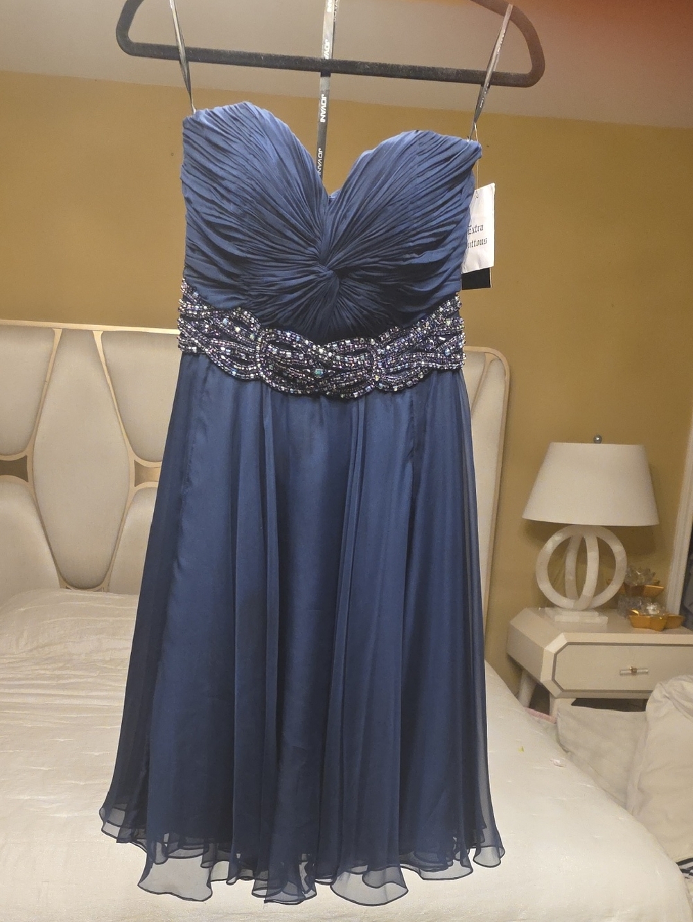 Jovani Navy Strapless Beaded Waist Chiffon Cocktail Dress Flattering Fit Size 4